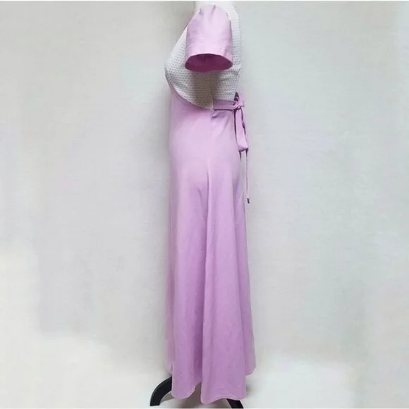 Vintage 1960s Lilac Swiss Dot Handmade Short Sleeve Tie Waist Maxi Dress S - Picture 7 of 13
